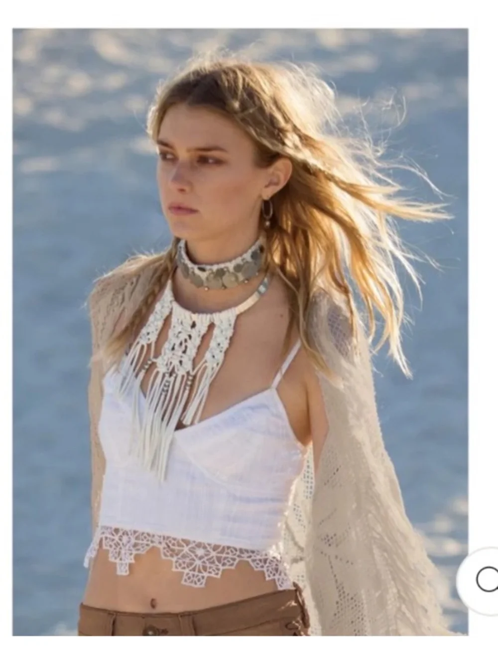 Free People One White Geo Crochet Lace Trim Cami Crop Top S